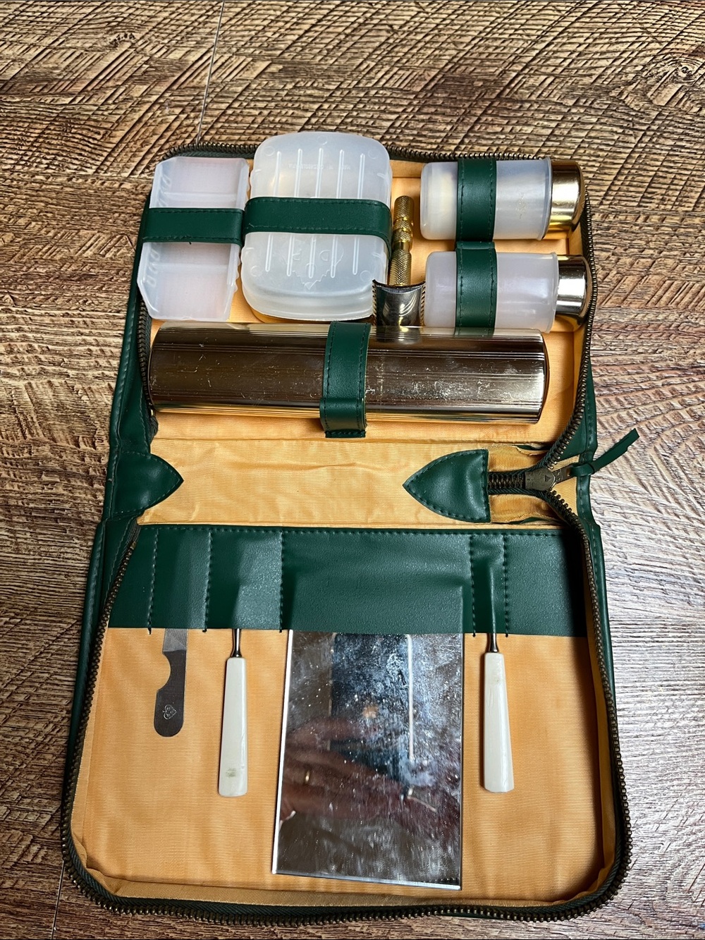 Vintage Green Leather Travel Toiletry Organizer Kit with Mirror and Accessories